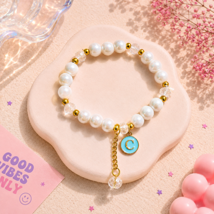 C Initial Pearl Beaded Charm Bracelet